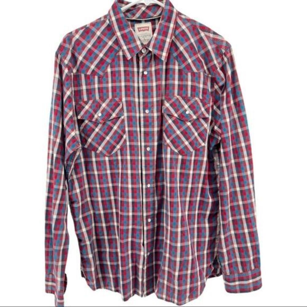 Levi’s Men’s Red Blue Pearl Button Plaid Button Down Shirt Size Large